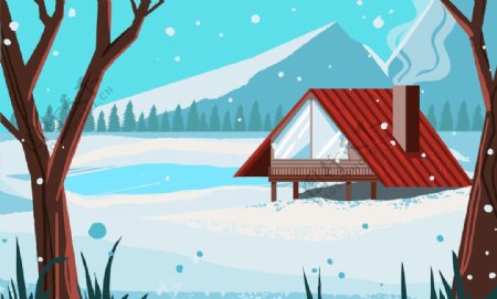 冬季北欧红色房子插画图片