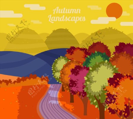 秋季山间道路风景图片