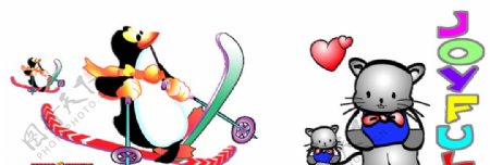 企鹅和小猫滑雪图片