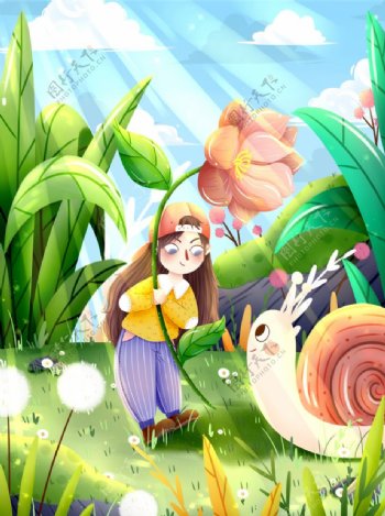 花园女孩蜗牛插画图片